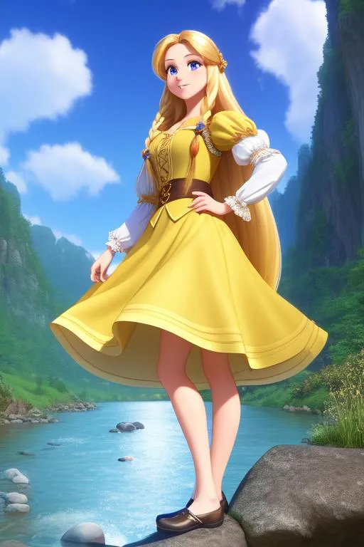 Prompt: Rapunzel standing beside a river, long blonde hair, wearing a short skirt, legs visible, symmetrical face, side lighting