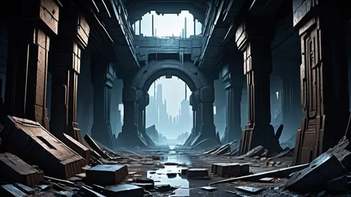 Prompt: very dark, complete darkness, mostly dark, huge underground cavern, colossal statues, ruins of a frosty fantasy city in a vast irregular crater, sewer, aerial view, view from above, top-down view, abandoned laboratory, thick pylons, blackened wreckage, scattered debris, dead trees, snowy, frozen, icy, icicles, ice, large obelisks, humanoid statuary, archways, eerie green lights, glowing blue sconces, ancient aztec architecture, polygonal buildings, curved paths, curved roads, curved walls, polygonal shapes, shattered domes, broken buildings, crumbled buildings, broken aqueducts, cold lighting, city lights, magical lighting, fantasy lighting, hyper realistic, highly detailed, somber mood, desolation of cybertron, exposed floors, exposed rooms, bent metal struts, exposed rebar, exposed wiring, exposed sewer system, futuristic cyberpunk tech-noir setting, robotic city, interconnected buildings, devastated infrastructure, loose wiring, busted pipes, broken spires, multiple levels, gloom, bioluminescent lichen, no vegetation