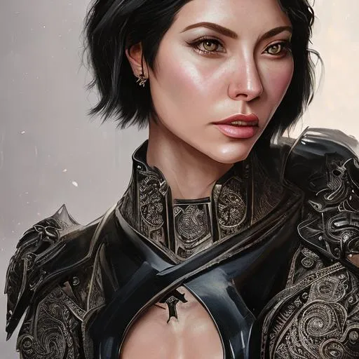 Prompt: Portrait of A goddess with short cropped hair, wearing a sleek black suit with armor, wielding a pair of katanas, perfect composition, hyperrealistic, super detailed, 8k, high quality, trending art, trending on artstation, sharp focus, studio photo, intricate details, highly detailed, Expressionism art by greg rutkowski