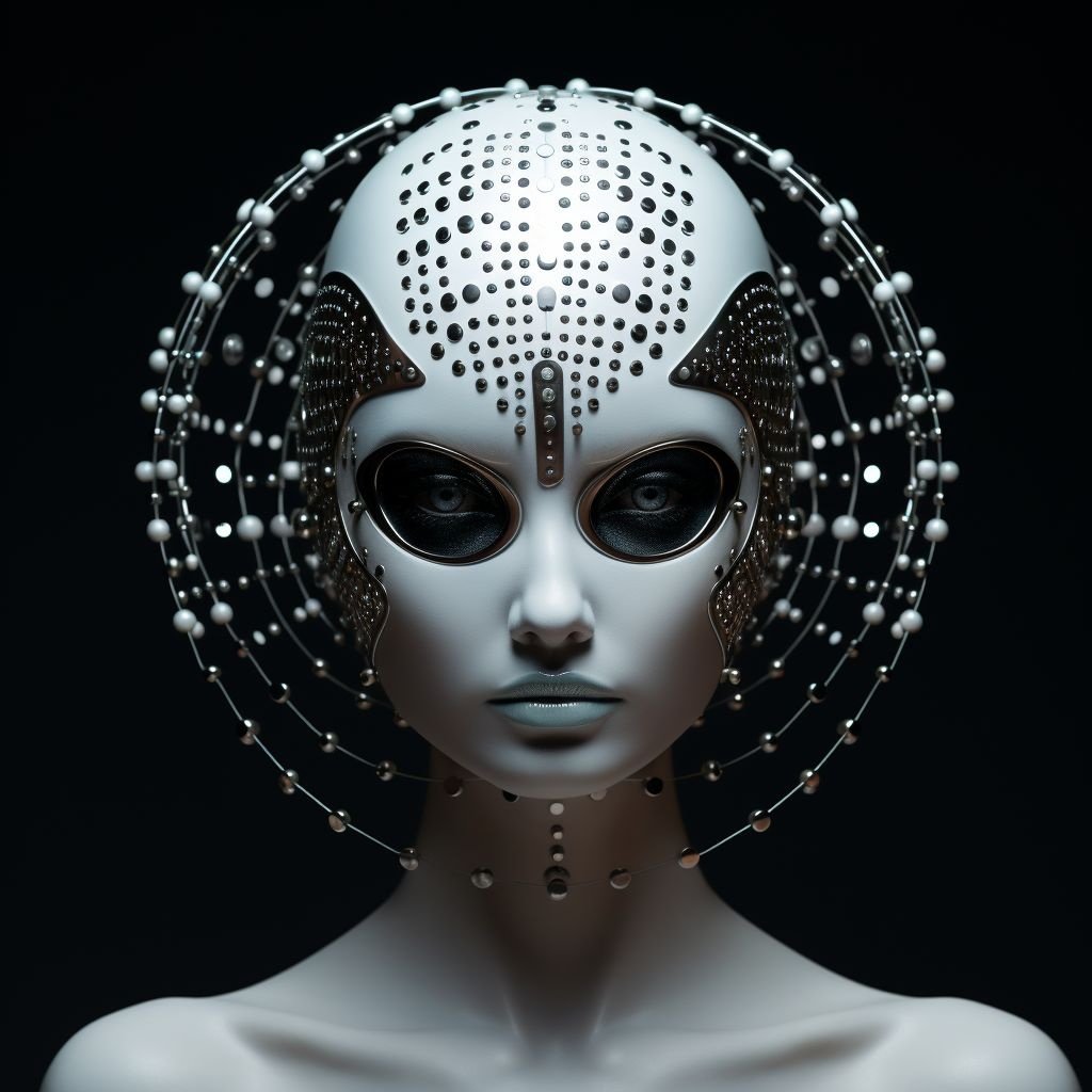 Prompt: a woman wears and wears black dots on her head, in the style of futuristic fantasy, 3d, metallic sculpture, elegant, emotive faces, dark white and light silver, algorithmic artistry, high resolution