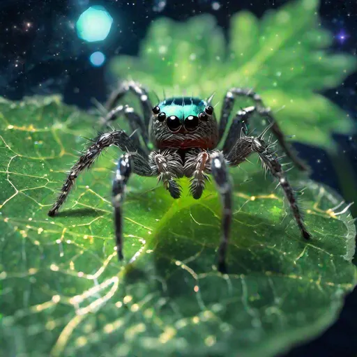 Prompt: A metallic translucent jumping spider that is glowing, on a leaf, beneath the stars, bioluminescent, highres, best quality, concept art