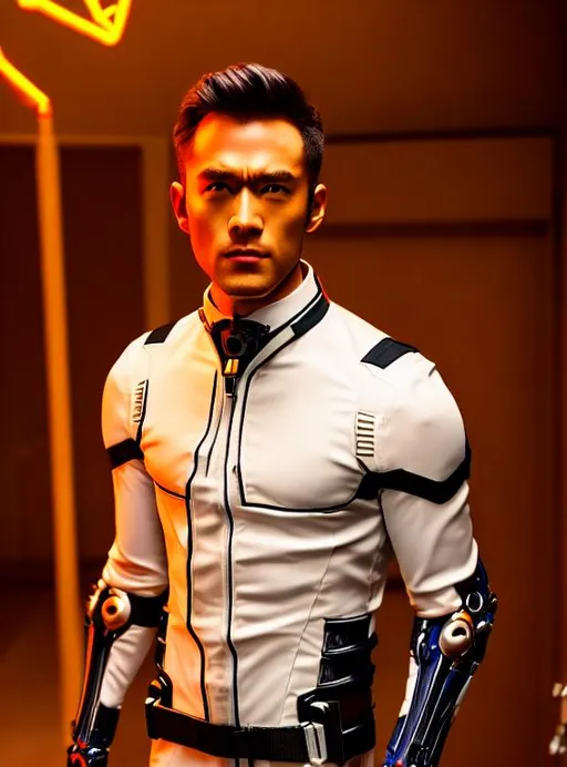 Prompt: realistic male pilot suiting up for battle in the new Neon Genesis Evangelion live action movie trailer, action horror, gothic cyberpunk, biomechanical, hyper detailed, hyperrealism, cinematic, depth perception, depth of field, award winning short film, masterpiece, high resolution, rich deep colors, composition of perspective fractal grids, science of energy, signal processing, art direction by yoshitaka amano and yukito kishiro and yoshiyuki sadamoto, 8K