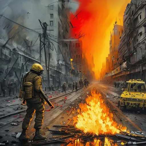 Prompt: military of Ukraine, flag of Ukraine, the street is on fire, city, machine gun in hands, stand back, blood, war, emotion: sad, painting, art