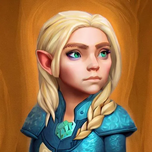 Prompt: Detailed portrait of DND5e  female gnome jewel crafter with Blonde hair and violet eyes
with artstation realism