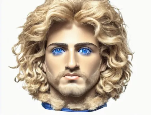 Prompt: portrait of Alexander the Great in lifelike detail beard stubble  about chin 30 years of age with dark blonde curly hair and Mediterranean complected  skin 
piercing stare with blue eyes