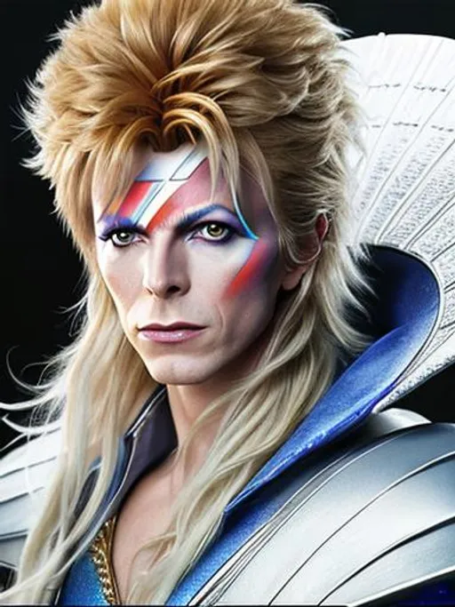 Prompt: Full body photo of David Bowie as Jareth from labyrinth-1986, with blonde hair, highly detailed, digital painting,   artstation, hyperrealistic, sharp focus, illustration, art by artgerm and greg rutkowsk, 8 k