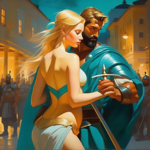 Prompt: King Leonidas impregnating Finnish girl, pale skin, blonde hair, teal eyes, Helsinki at night, cold atmosphere, cartoony style, extremely detailed painting by Greg Rutkowski and by Henry Justice Ford and by Steve Henderson 

