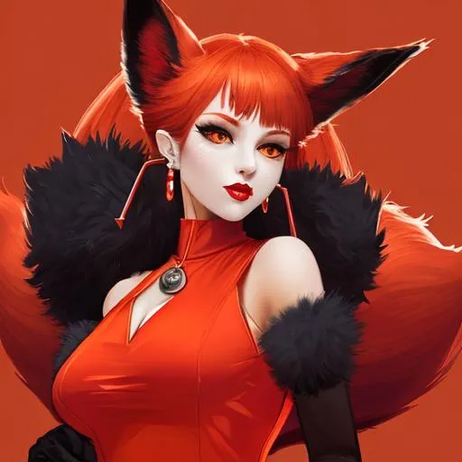 Prompt: Fox girl with red hiligter, orange aura, long earings and red lips and red glovses and a red uniform