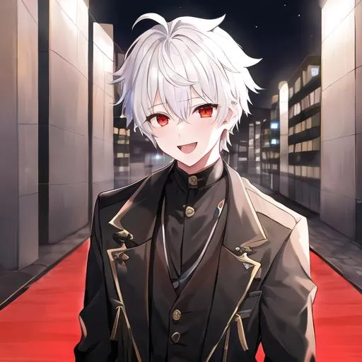 Prompt: 1boy, male, adult, calm demeanor, short_hair, hyperrealisitic, white_hair, black aura, blood, messy_hair, alternate costume, black jacket, red eyes, laughing, 4K, HDR, detailed face, detailed background, tokyo, night_sky, city, jacket