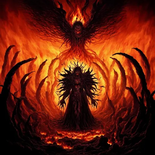 Prompt: Dark ancient god waking from long slumber in a post Apokalyptical burning world one step away from the entrance to the Purgatory, surrounded by Suffering tormented souls and sinister creatures,sinner,underworld,undead,evil,hell,devil,darkness,Takeshi Oda,