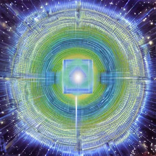 Prompt: Divine Christian symbolism in cosmic abstract Rays beyond horizon
