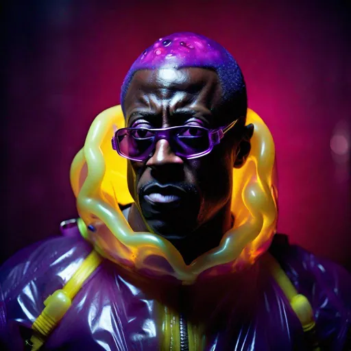 Prompt: Full view of Intimidating mohawked Wesley Snipes  with a mocking expression is wearing a pomegranate and yellow and purple translucent glowing bioluminescent lumpy jello protective suit and posing threateningly in a dark room