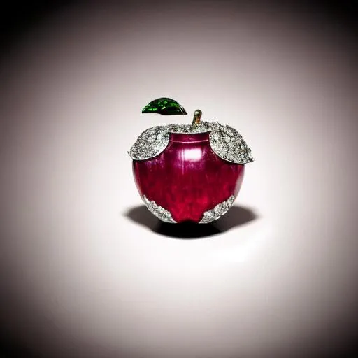 Prompt: Ruby brooch shaped like an apple with a bite out of it set with diamonds