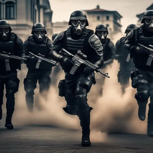 Prompt: Several modern roman military male in black military roman armor, and gas mask, attacking city, sharp focus, Professional, UHD, HDR, 8K, Render, electronic, dramatic, vivid, pressure, stress, traumatic, dark.Several depression modern roman military male in black military roman armor, and gas mask, last stand,Hyperrealistic, sharp focus, Professional, UHD, HDR, 8K, Render, electronic, dramatic, vivid, pressure, stress, traumatic, dark.