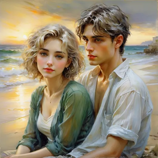 Prompt: (by Jose Royo:1.6) impressionist painting, semi-realistic, front view, woman with green eyes and short silver-blonde hair, bob cut style and a man with dark brown hair, undercut who resembles Levi Ackerman sit on a beach on the sand watching the sunrise, she sits between his legs and he holds her, thoughtful, in love, smiling, in the background is beach house, wearing casual clothing, masterpiece