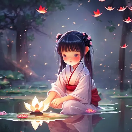Prompt: Little anime girl with dark hair and red kimono play with lotus pond in the night, fireflies, wolf
