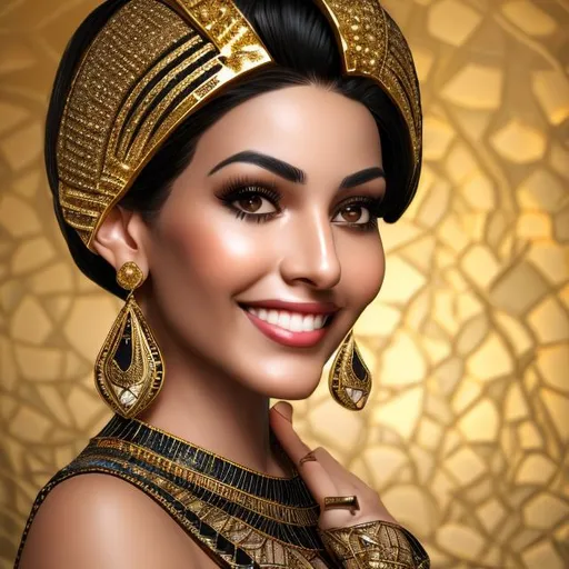 Prompt: Beautiful Egyptian woman, beautiful smile, detailed brown eyes, adorable pose, black and gold dress, diamond earrings, gold heels, wide photo shot, photo realistic, 8K UHD, Nikon camera 