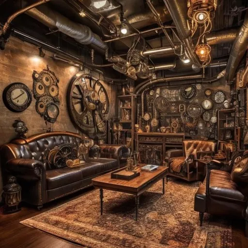 Prompt: A steampunk inspired livingroom