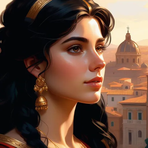 Prompt: Third person, gameplay, italian girl, pale skin, black hair, freckles, brown eyes, Italy, golden atmosphere, cartoony style, empire of rome, extremely detailed painting by Greg Rutkowski and by Henry Justice Ford and by Steve Henderson 