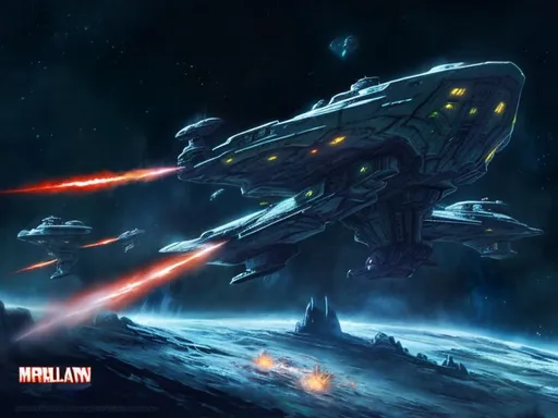 Prompt:  explosions  action wreck spaceship ancient dead infestation ray guns art cartoon many colours light Arora battle fire impact hull breach disaster ice planet nebula