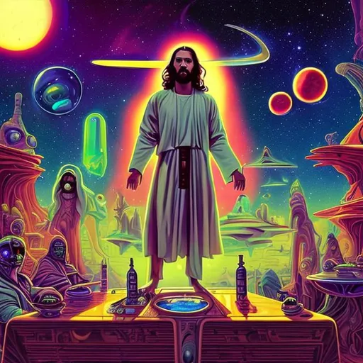 Prompt: widescreen, photo, painting, longshot, wide view, infinity vanishing point, overhead lighting, jesus and another jesus and an alien smoking a crystal bong,  fancy table , in an exotic space cantina, stunning galaxy background