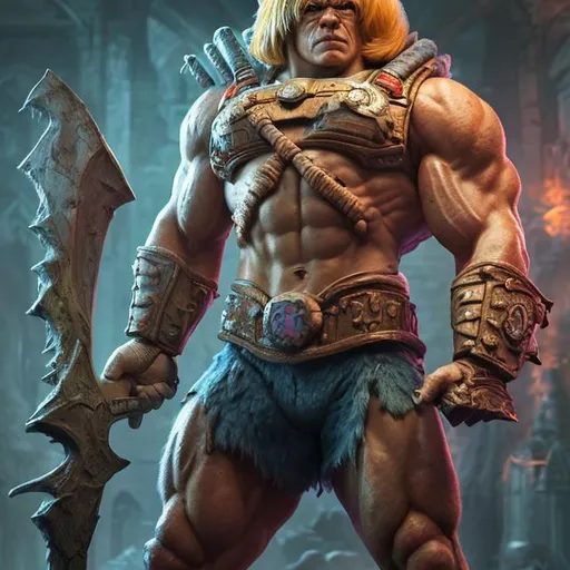 Prompt: hyperrealistic mixed media image he-man, stunning 3 d render inspired art by of Roger Sweet, realistic, highly detailed attributes and atmosphere, dim volumetric cinematic lighting, 8 k octane detailed render, post - processing, masterpiece,