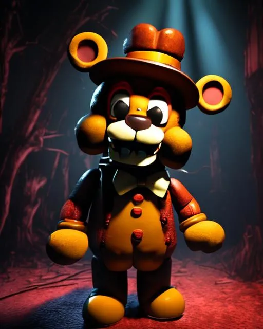 Prompt: Set up your camera in a dark room and place a Freddy Fazbear animatronic doll in the center of the frame. Use the spotlight to create dramatic shadows on the doll's face and body. The doll should be dripping with blood, and the overall mood of the image should be eerie and suspenseful.