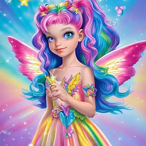 Prompt: Lisa frank fairy with rainbow hair and princess dress