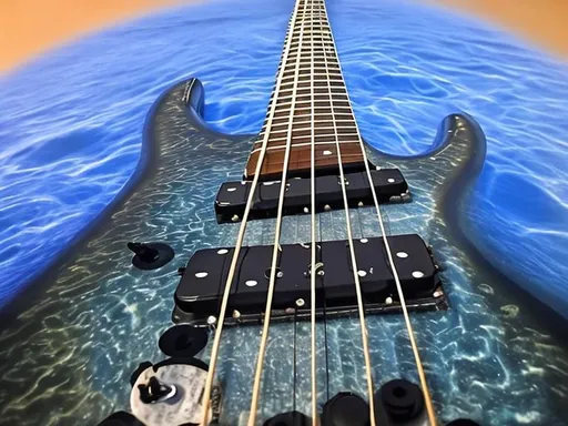 Prompt: Never ending bass guitar neck sitting on a blue ocean. Mood is sad