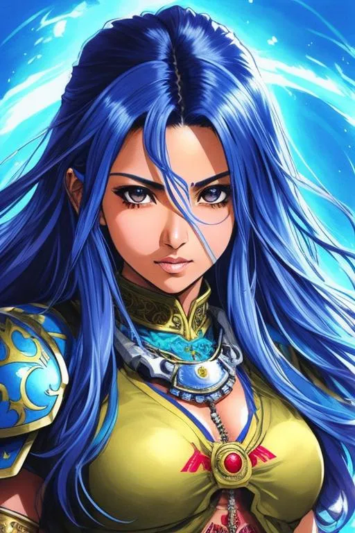 Prompt: Dragon Quest art(((Yoji Shinkawa))), canon for hand, sticker of ultra detailed portrait of Sadaf Mohammed Sayed  (Indian actress who mainly appears in Telugu, Tamil, and Kannada films)in dark blue holy armor, canon robotic hand, blue long hair, high quality cell shaded illustration in post apocalyptic style by Yoji Shinkawa, ((full body portrait)), dynamic pose, perfect anatomy, centered, freedom, soul, blue long hair, approach to perfection, cell shading, 4k , cinematic dramatic atmosphere, watercolor painting, global illumination, detailed and intricate environment, artstation, concept art, fluid and sharp focus, volumetric lighting, cinematic lighting, Art by Yoji Shinkawa,