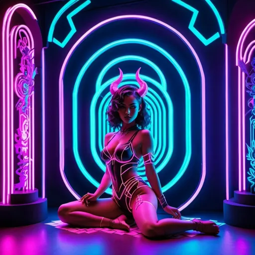 Prompt: a beautiful female demon in a dynamic pose in a retro futuristic synthwave cyberpunk neon paradise.  neon lighting, high quality, beautiful, synthwave, cyber, retro, futuristic