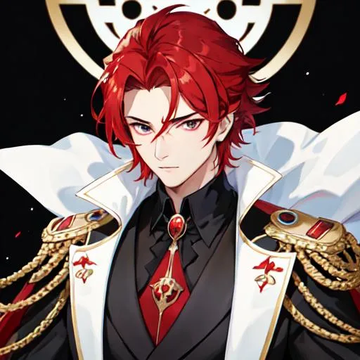 Prompt: Zerif 1male (Red side-swept hair covering his right eye) wearing a black royal suit, white cape, 