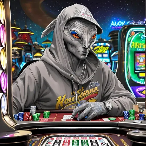 Prompt: ((best quality)), ((masterpiece)), ((realistic)), An extraordinary illustration depicting a grey Roswell alien, grey hands, alien, stoned, grey, alien with a Hawaiian shirt playing poker in Vegas surrounded by other gamblers and slot machines. Grey body, blue hoody, The artwork showcases a beautiful detailed glow, accompanied by cinematic lighting that enhances the serene atmosphere. The painting, created by the renowned artist Perov, exhibits an exceptional level of detail and precision, capturing the great alien skin texture and delicate features of the aliens large oval black eyes with ultra-detailed brushwork. The artwork is rendered in high resolution, ensuring sharp focus and a smooth finish. This aesthetically pleasing masterpiece has gained significant attention on popular art platforms such as ArtStation and Pixiv, reflecting its popularity among art enthusiasts. The composition adheres to the rule of thirds, creating a harmonious and visually captivating artwork.