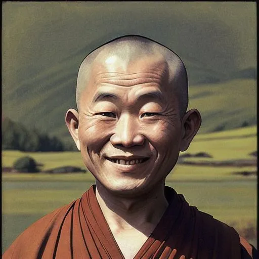 Prompt: UHD Buddhist Monk smiling in the style of Andrew Wyeth.