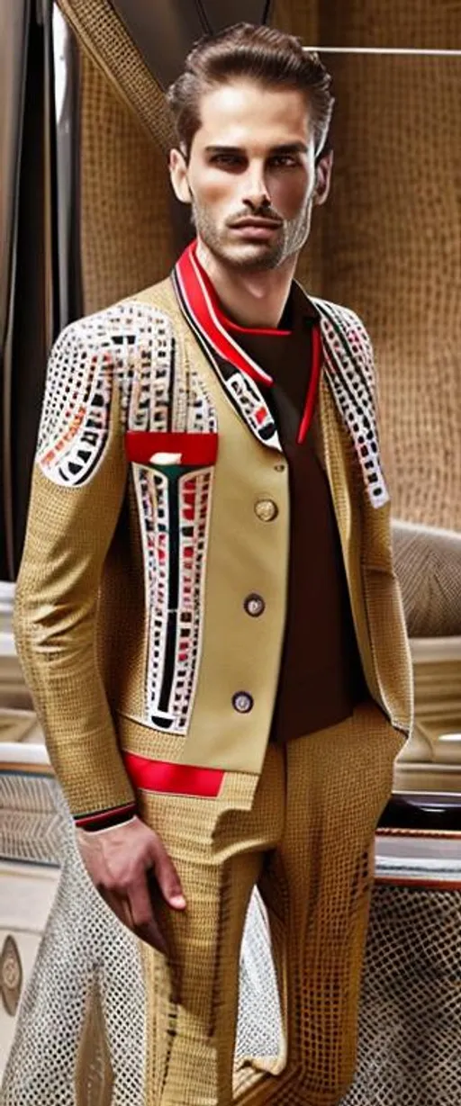 Prompt:  men's suit filled with pharaonic inscriptions mixed with a modern cut with Italian elegance