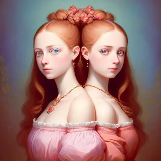 Prompt: highest quality portrait of two  sisters, digital painting, highly-detailed symmetric face, style of Fragonard, cinematic, warm vibrant color palette, blue eyes, florals, blushing, pink, purple, kissing, love long hair, short hair, jewelry, bed, legs visible, arms visible, spotlight, red, perfect composition, hyperrealistic, super detailed, 8k, high quality, sharp focus,intricate details, highly detailed, dynamic lighting, detailed and intricate environment, anime artstyle 