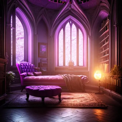 Prompt: HD, 4K, 3D, Stunning, magic, cinematic camera, two-point perspective, interior design,witch studio room, ethereal,chaise longue, full moon outside, gorgeous gothic windows,bookshelf, light contrast, witchy ambient, purple and green sunstrails, moon glow, cauldron, magic books, 