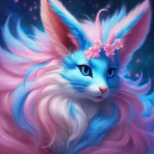 Prompt: (blue Sylveon), realistic, photograph, fantasy, epic oil painting, (hyper real), furry, (hyper detailed), extremely beautiful, (on back), playful, UHD, studio lighting, best quality, professional, ray tracing, 8k eyes, 8k, highly detailed, highly detailed fur, hyper realistic thick fur, canine quadruped, (high quality fur), fluffy, fuzzy, full body shot, hyper detailed eyes, perfect composition, hyper realistic depth, ray tracing, vector art, masterpiece, trending, instagram, artstation, deviantart, best art, best photograph, unreal engine, high octane, cute, adorable smile, lying on back, flipped on back, lazy, peaceful, (highly detailed background), vivid, vibrant, intricate facial detail, incredibly sharp detailed eyes, incredibly realistic scarlet fur, concept art, anne stokes, yuino chiri, character reveal, extremely detailed fur, sapphire sky, complementary colors, golden ratio, rich shading, vivid colors, high saturation colors, nintendo, pokemon, silver light beams