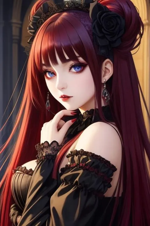 Prompt: (highest quality , award-winning digital oil , masterpiece:1. 3), 1girl, (evil goth vampire girl:1. 2), seductive love gaze at camera, anime waifu style, intricate, wonderful stunning beautiful full body feminine 22 year, (natural NO makeup), hyper-realistic hair and hyper-realistic beautiful eyes, (wearing Vampire Gothic outfit:1. 2) with deep exposed visible cleavage and tight arousing muscles and abdomen, intricately detailed , feminine extremely detailed intricate wonderful natural beauty waifu face with romance glamour soft skin and lips and red blush cheeks and cute sadistic smile , hyper-realistic perfect anatomy posing in perfect epic cinematic composition with perfect colors and shadows , epic cinematic post-production with (gritty lifelike details and heavy strokes) , professional sharp focus RAW photography with cinematic depth of field DOF and hyper-realistic cinematic volumetric dramatic 3d lighting, (sexy, medium breast), 16k, UHD, HDR, (Masterpiece:1. 5), (best quality:1.