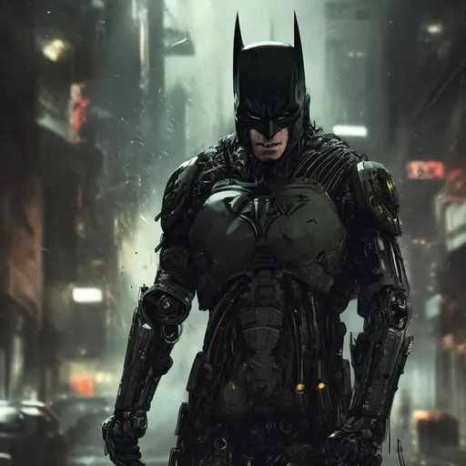 Prompt: Very dark black, gold and green evil distant future bionic enhanced batman. Injured. Bloody. Beard. Super soldier. Damaged helmet. Accurate. realistic. evil eyes. Slow exposure. Detailed. Dirty. Dark and gritty. Post-apocalyptic Neo Tokyo. Futuristic. Shadows. Sinister. Armed. Fanatic. Intense. 