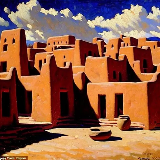 Prompt: High quality, finely detailed Renaissance style oil painting of Taos Pueblo Indian circa 1910 in the style of Maynard Dixon 