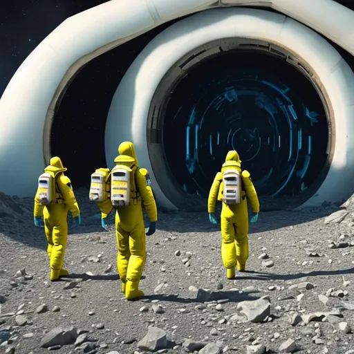 Prompt: Hazmat team walking towards portal to alien planet