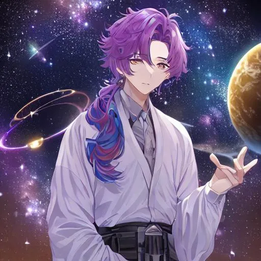 Prompt: (Masterpiece, best quality) Young boy, galaxy hair, in space, godlike, magical, faraway view, milky way in the background, planets, aura effects