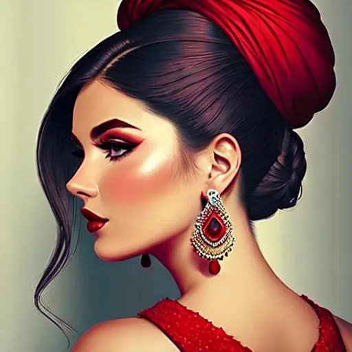 Prompt: woman with stylish topknot,  colors of red and turqouise