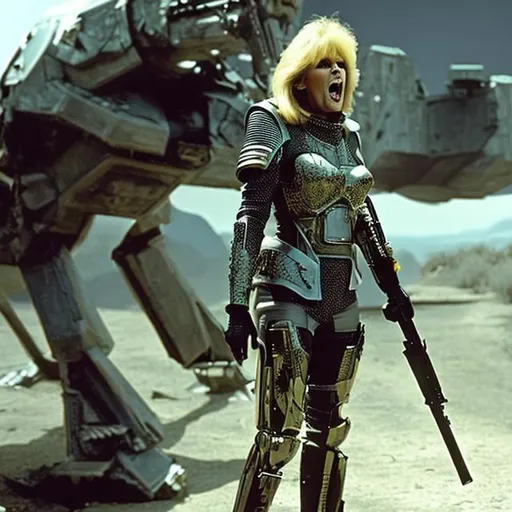 Prompt: Joanna Lumley shouting angrily wearing an armored futuristic scifi military uniform and holding an advanced exotic shotgun in full color