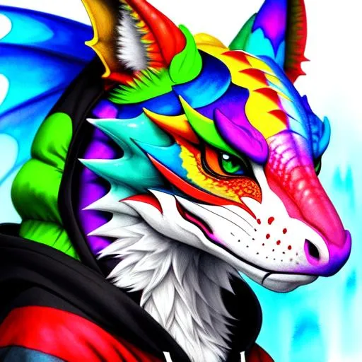 Prompt: Portrait of a colorful anthro scaley dragon with a white face with clown-like markings wearing a black hoodie, perfect composition, watercolor on paper with pencils, hyperrealistic, super detailed, 8k, high quality, trending art, trending on artstation, sharp focus, studio photo, intricate details, highly detailed, Trending on Artstation, Popular on Dribbble, Cozy wallpaper, Pastel colors, soft lighting