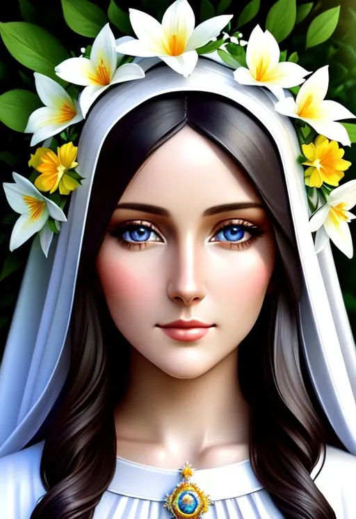 Prompt: Virgin mary, beautiful, simmetrycal, flowers around, beautiful garden, digital painting, detailed face, gray day, volumetric lights, well formed eyes, beatiful eyes, nice eyes, aligned eyes,