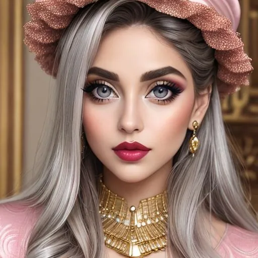 Prompt: big  eyes and carmine lips, silver and golden breaded silk, lips, pink cheeks