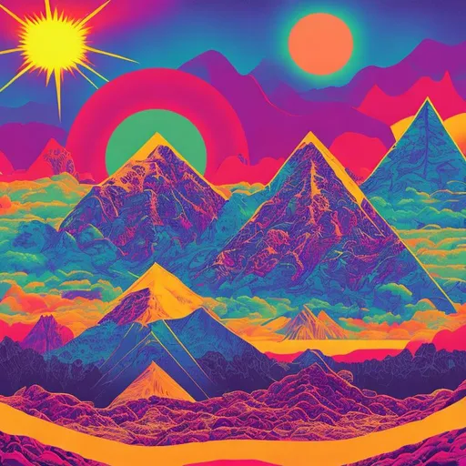 Prompt: An album cover with references to psychedelic drugs, mountains, and the sun. 