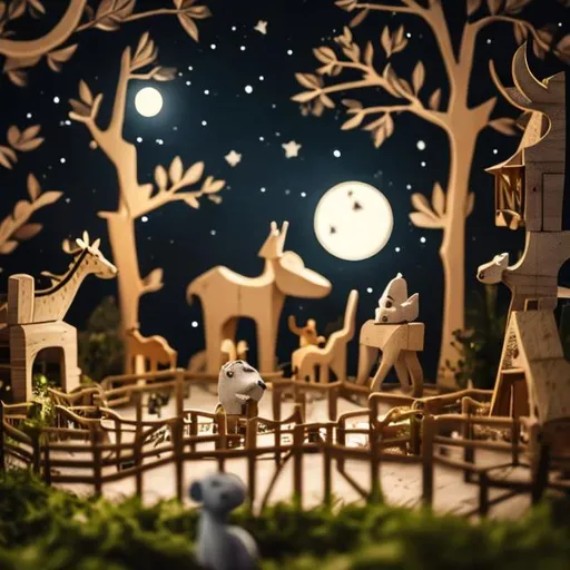 Prompt: Tiny wooden zoo at night, the moon, animals 
